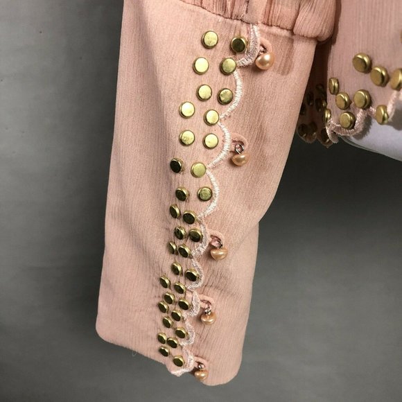 Vintage 80s Silk Blouse Blush Pink Gold Studded Sheer Long Sleeve Lillie Rubin L - Picture 8 of 11